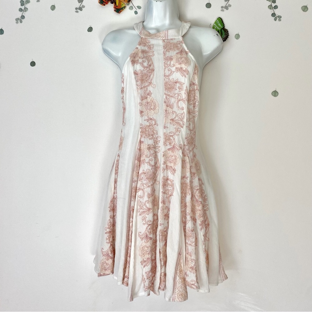 Chelsea & Violet Cream Pink Embroidered Fit Flare Dress Open Back Medium